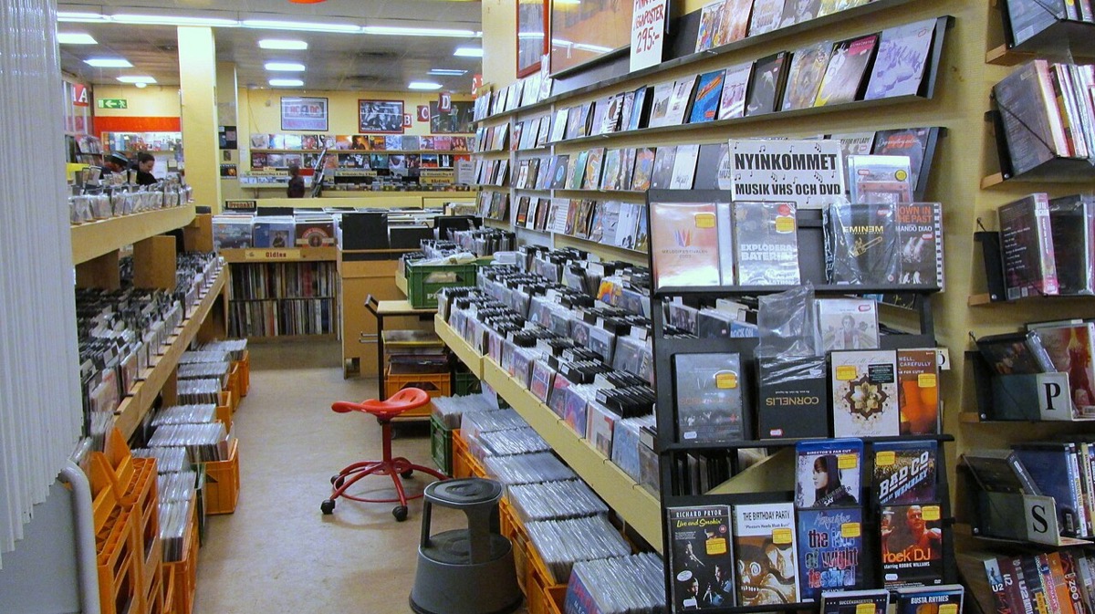 Interior of a Swedish second-hand record shop packed with record bins